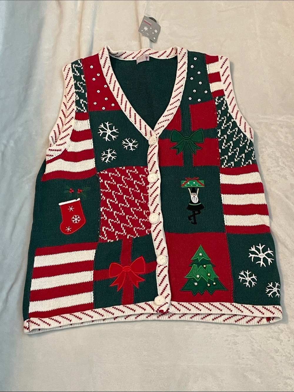 Holiday Editions Red, Green & White Patchwork Holiday Cardigan Vest
